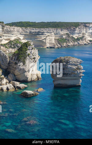 Guglie calcaree a chalkstone cliff, Bonifacio, Corsica, Francia, Mediterraneo, Europa Foto Stock