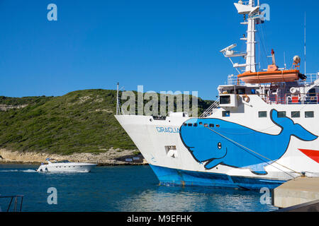 Traghetto a prodotti della pesca e dal porto turistico di Bonifacio, Corsica, Francia, Mediterraneo, Europa Foto Stock