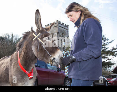 Sidmouth, Regno Unito, 25 Mar 18. Ponk asino, che ha portato i fedeli fino alla chiesa nello splendido villaggio seadide di Salcombe Regis. Ponk, a 14 anno vecchio asino è raffigurato con Maxine Carter, dal vicino a Sidmouth Donkey Sanctuary. Foto centrale / Alamy Live News. Credit: Foto centrale/Alamy Live News Foto Stock