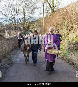 Sidmouth, Regno Unito, 25 Mar 18. Ponk il Donk ha preso un rotolo starring alla Domenica delle Palme servizio a Salcombe Regis chiesa, vicino a Sidmouth. La manifestazione annuale vede parrocchiani processo fino alla collina, e quest'anno il Rev David Lewis intitolata la passeggiata, insieme con Ponk, a 14 anno vecchio asino dalla vicina Sidmouth Donkey Sanctuary. Foto centrale / Alamy Live News. Credit: Foto centrale/Alamy Live News Foto Stock