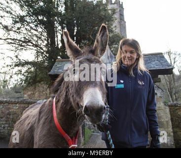 Sidmouth, Regno Unito, 25 Mar 18. Ponk asino, che ha portato i fedeli fino alla chiesa nello splendido villaggio seadide di Salcombe Regis. Ponk, a 14 anno vecchio asino è raffigurato con Maxine Carter, dal vicino a Sidmouth Donkey Sanctuary. Foto centrale / Alamy Live News. Credit: Foto centrale/Alamy Live News Foto Stock