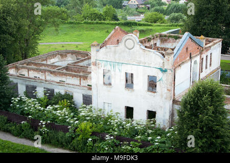 Mattoni vecchi rovina edificio senza un tetto ricoperta con boccole Foto Stock