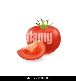 Vettore 3D realistici Juicy Tomato closeup isolati su sfondo bianco. Tutto e un quarto di pomodoro. Modello di progetto, clipart per la grafica Illustrazione Vettoriale