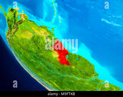 Guyana evidenziata in rosso sul pianeta Terra. 3D'illustrazione. Gli elementi di questa immagine fornita dalla NASA. Foto Stock