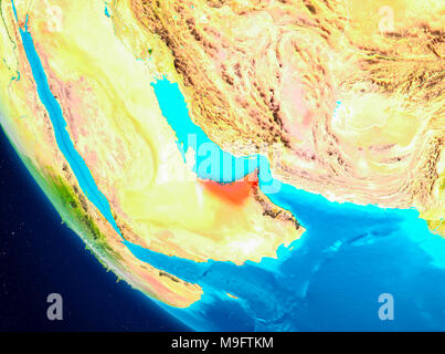 Emirati Arabi Uniti evidenziata in rosso sul pianeta Terra. 3D'illustrazione. Gli elementi di questa immagine fornita dalla NASA. Foto Stock