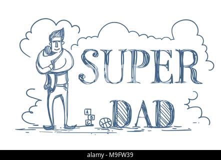Super papà Doodle Poster con uomo abbracciando Kid su sfondo bianco Padre Felice giorno Concept Illustrazione Vettoriale