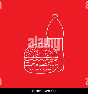 Burger e una bottiglia di soda water. Nocivo Le abitudini alimentari. Design per banner e stampa. Illustrazione Vettoriale