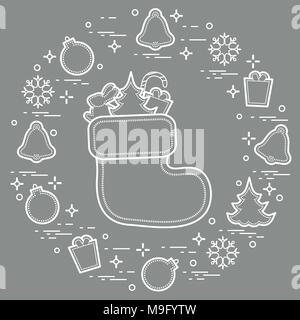Calza di Natale con il regalo. Nuovo Anno e i simboli del natale. Vacanze invernali bigliettino. Design per banner, poster o di stampa. Illustrazione Vettoriale