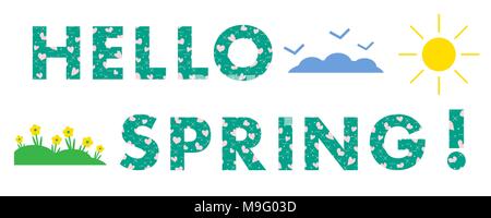 Ciao a molla. Il messaggio è decorata con cuori. Il sole, le nuvole, uccelli, fiori. Modello per la progettazione, la stampa. Illustrazione Vettoriale