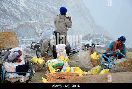 Mount Ijen, East Java, Indonesia - Ottobre 2nd, 2017: miniere di zolfo a Kawah Ijen Foto Stock