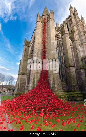 Piange la finestra di visualizzazione dei papaveri in ceramica Hereford Cathedral Regno Unito Marzo 2018 Foto Stock