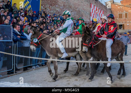 Torrita di Siena, Italia. 25 Mar, 2018. I partecipanti competono su asini su Marzo 25, 2018 a Torrita di Siena, Credito: risveglio Agenzia fotografica/Alamy Live News Foto Stock