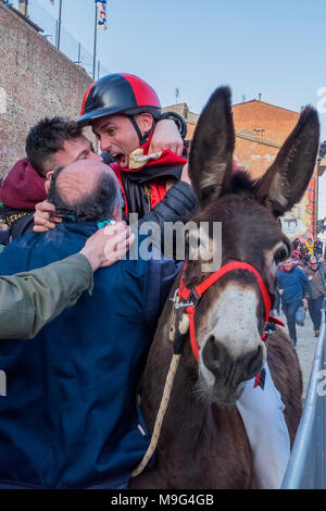 Torrita di Siena, Italia. 25 Mar, 2018. Il jockey e gli asini sono stati celebrati dopo la vittoria su Marzo 25, 2018 a Torrita di Siena, Credito: risveglio Agenzia fotografica/Alamy Live News Foto Stock