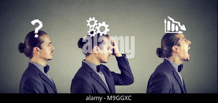 Vista laterale di imprenditore cercando di risolvere il problema e frustrati quando in mancanza. Foto Stock