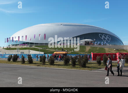 Sochi, Russia - 12 Febbraio 2014: la gente camminare contro il Bolshoy Cupola di ghiaccio nel Parco Olimpico. Questo sport venue ospitato gare di hockey su ghiaccio di Foto Stock