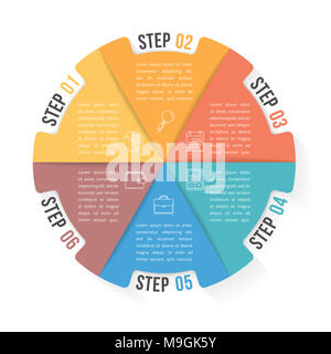 Cerchio modello infografico con sei elementi, opzioni o le fasi del flusso di lavoro, o diagramma di processo, vettoriale EPS10 illustrazione Foto Stock