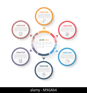 Cerchio modello infografico con sei elementi, opzioni o le fasi del flusso di lavoro, o diagramma di processo, dati vizualization, vettoriale EPS10 illustrazione Foto Stock