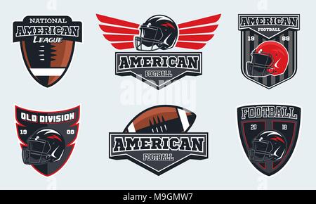 Set di football americano emblemi, etichette e logo. Illustrazione Vettoriale