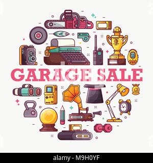 Vendita di garage o di mercato delle pulci scheda Annuncio Illustrazione Vettoriale