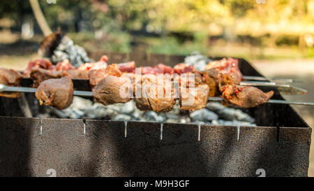 Marinata di kebab spiedini preparazione su un grill barbecue a carbone. Foto Stock