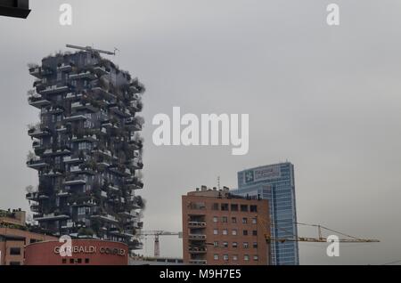 Milano, 31 dicembre 2017 a 12:30. Nei pressi della stazione di Porta Garibaldi, il quartiere degli affari di Milano, il bosco verticale. Foto Stock