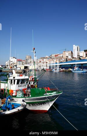 Barche da pesca in porto e gli edifici sulla collina di Vigo, Galizia, Spagna Foto Stock