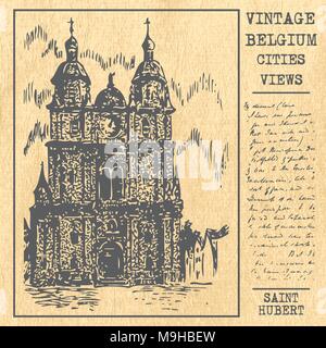 Vintage Belgio luoghi nella vista città Attrazioni turistiche in vettore Illustrazione Vettoriale