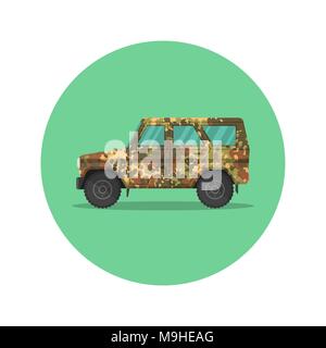 Icona di auto JEEP. L'esercito SUV con un camuffamento di copertura del kaki. Il veicolo della aumentata passability per viaggiare, ricreazione attiva, caccia, a sa Illustrazione Vettoriale