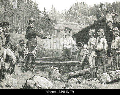 George Washington e i suoi uomini, Valley Forge, Pennsylvania, accampamento militare per l'esercito continentale, trimestri invernali dopo aver fallito per riacquisire Filadelfia nel 1777 Foto Stock