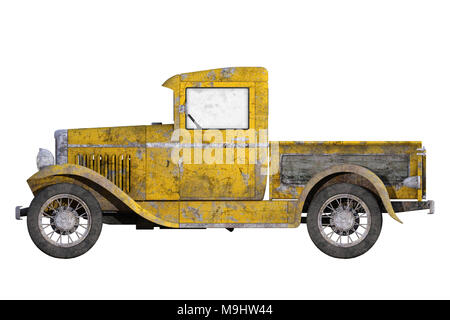 1930 giallo Vintage pickup truck isolato su bianco, 3D render. Foto Stock