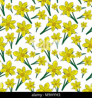 Blooming Yellow Daffodils con foglie verdi, modello senza giunture Illustrazione Vettoriale