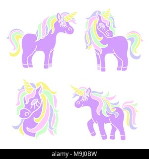 Magia viola unicorn impostato su sfondo bianco Illustrazione Vettoriale