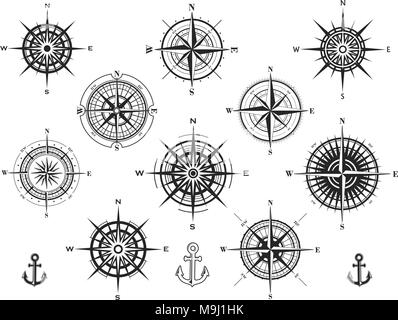 Set di compass rose o rose del vento Illustrazione Vettoriale