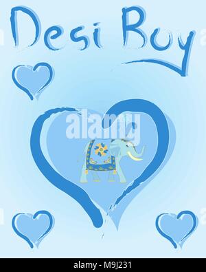 Una illustrazione di biglietto di auguri design con amore il cuore di un elefante indiano e le parole desi ragazzo su uno sfondo blu Illustrazione Vettoriale