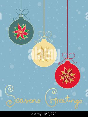 Una illustrazione vettoriale in formato eps formato 10 di tre Pallina natale decorazioni con design pointsettia nel biglietto di auguri formato con i fiocchi di neve Illustrazione Vettoriale