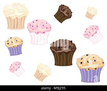 Una illustrazione di Muffin appena sfornati in bianco e cioccolato fondente lampone e mirtillo sapori isolato su uno sfondo bianco Illustrazione Vettoriale