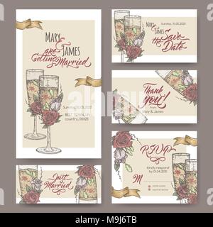 Set di cinque originali nozze attraente schede basati sul vino colore vetro schizzo e spazzola calligraphy. Illustrazione Vettoriale