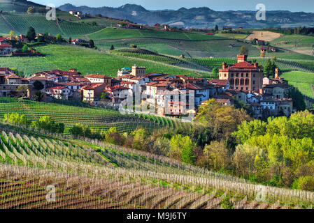 La città di Barolo con il castello Falletti, tra i vigneti, nel centro della zona dell'omonimo vino. Unesco - Sito Patrimonio dell'umanità. Foto Stock