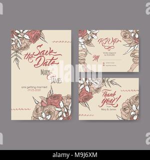 Set di tre originali attraenti le carte di matrimonio basato su bouquet schizzo vintage e spazzola calligraphy. Illustrazione Vettoriale