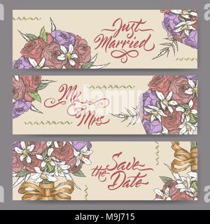 Set di tre originali wedding banner basato su bouquet schizzo a colori e spazzola calligraphy. Illustrazione Vettoriale