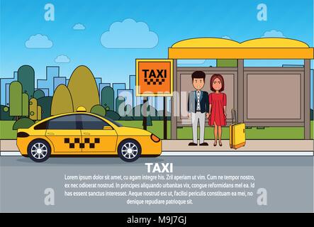 I passeggeri in attesa di taxi auto sulla cabina città stazione di servizio di trasporto Illustrazione Vettoriale