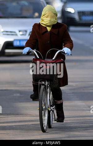 Shenyang, Cina. 26 Mar, 2018. Un ciclista protegge se stessa dal forte vento che ha colpito Shenyang, a nord-est della Cina di Provincia di Liaoning. Credito: SIPA Asia/ZUMA filo/Alamy Live News Foto Stock