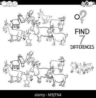 Bianco e Nero Cartoon illustrazione di trovare 7 differenze tra le immagini delle attività educative gioco per bambini con capre animale da azienda chara Illustrazione Vettoriale