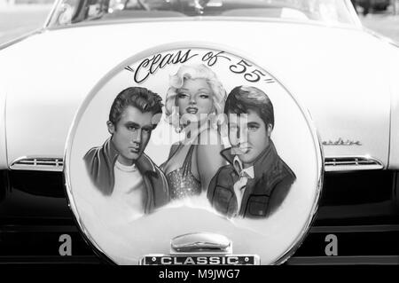 Classic Car Show con copertura del pneumatico sul retro dell'automobile come James Dean, Elvis e Marylyn Monroe Foto Stock