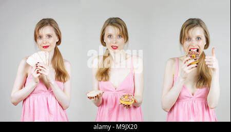 Ragazza giovane contemplandola scelte alimentari tra un sano e cibo spazzatura holding sia nelle sue mani e sceglie di mangiare ciambella Foto Stock