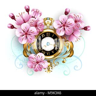 Antico orologio in oro con sakura Fiori su fondo bianco. Festa della Primavera. Sakura blossoms. Hanami. Illustrazione Vettoriale