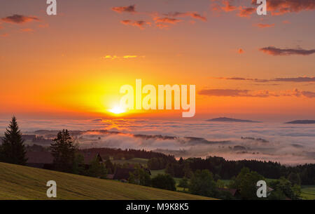 Alba sul Auerberg al di sopra della nebbia Valle del Lech, Baviera, Germania Foto Stock