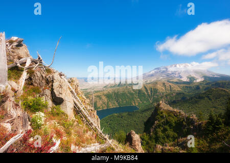 Vista da vicino alla sommità del picco del castello affacciato sul Lago Il castello di Mt. Sant Helens. Questa vasta prospettiva offre una vista di due dei numerosi vulcani al Foto Stock