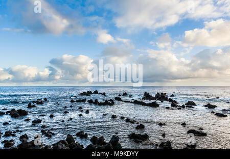 La mattina presto guardando off shore a Laupãhoehoe Beach Park, Hawaii, la Big Island, Stati Uniti d'America. Foto Stock