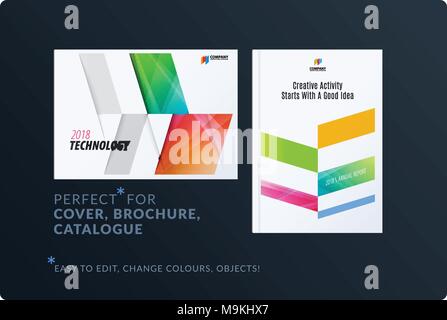 Abstract brochure set design, moderno relazione annuale, copertura orizzontale, flyer in formato A4 con frecce colorate Illustrazione Vettoriale